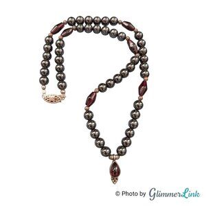 Vintage Sterling Pendant Necklace Garnet Gemstone & Magnetic Hematite Style 16"